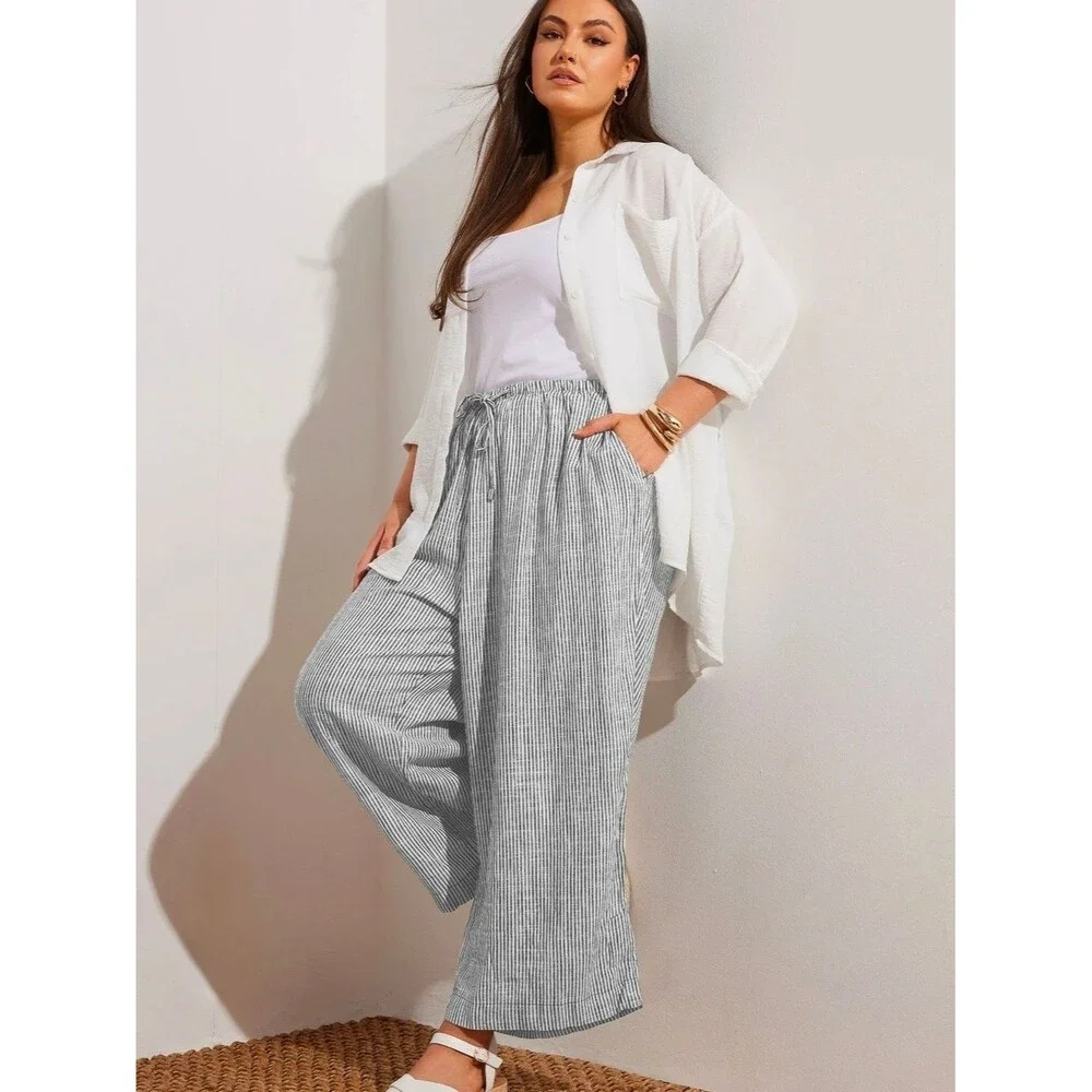 Talbots Linen Lightweight Grey Pinstripe Wide-Leg Drawstring Pants Size 12